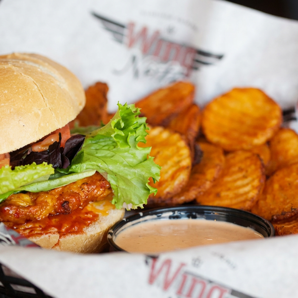 Chicken sandwich with lettuce and tomato, sweet potato fries, and dipping sauce in a lined basket.