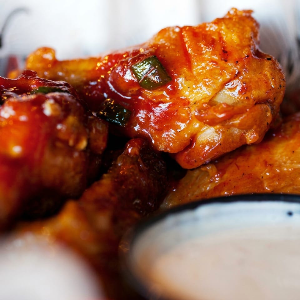 Glazed chicken wings and meatballs served with celery sticks and creamy dipping sauce.
